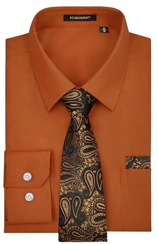 HISDERN Herrskjorta långärmad formell skjorta med slips enfärgad affärsskjorta normal passform fritidsskjorta för män med bröstficka S–4XL, BRUN, XL