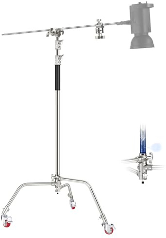 NEEWER Heavy Duty Light Stand, Treppiede Fotografico Regolabile in Metallo 3.4m con Cuscino a Molla Incorporato e Vite da 1/4 con sbalzo per Luci LED Studio, Fotocamera DSLR, Carico Max: 22lb,Nero