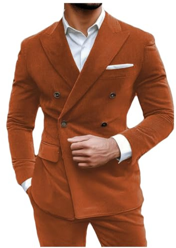Stillluxury, blazer da uomo in corduroy, doppio petto, con visiera a bavero, slim fit, formale, sportivo, Arancione bruciato, S