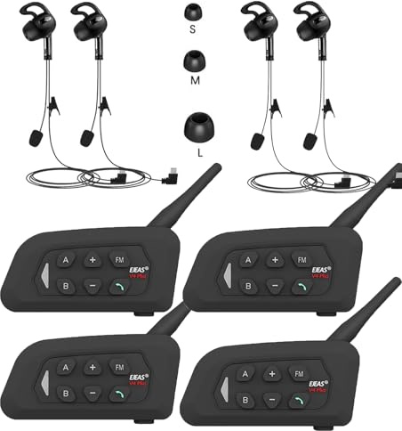 SolaMr V4C Plus Domarinterkommunikationsheadset, Bluetooth 5.1-högtalare för höger öra, interkommunikationssystem med CVC-brusreducering, FM-radio och 4-vägs interkom upp till 1500M - 4PACK