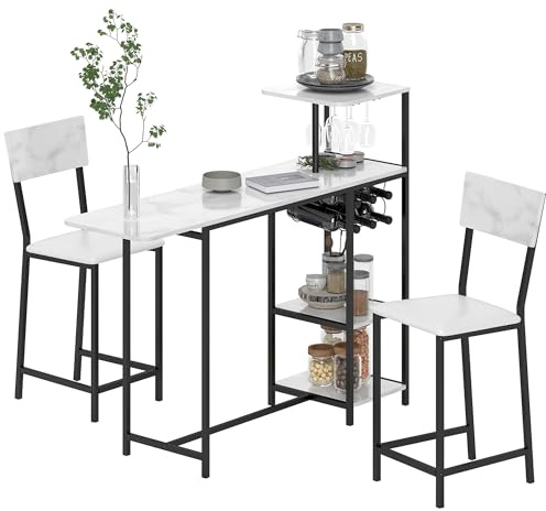 HOMCOM Set da bar con sgabelli, tavolo da pranzo in piedi con 2 sedie da bar, ribalta, portabottiglie, portabicchieri, ripiani a giorno e poggiapiedi, effetto marmo bianco