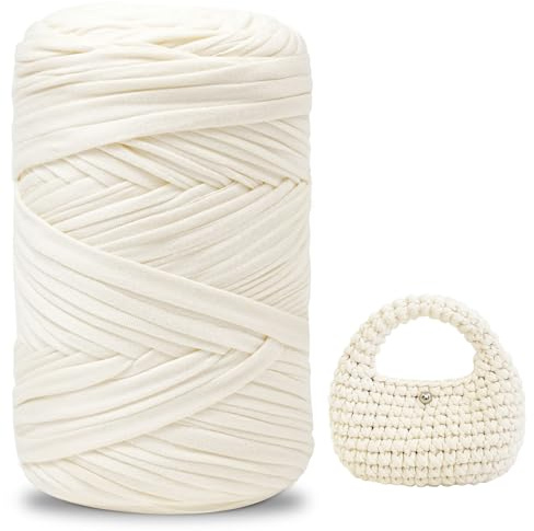iEGrow 400g T Shirt Yarn for Crocheting 140m, Chunky Yarn for Hand Knitting, Yarn for Crochet,Polyester Ribbon for Crochet Bag, Blanket, Basket, DIY Crafts, Home Decor Cream White