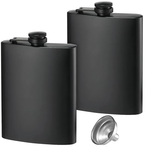 2 Pack Hip Flasks for Liquor, 8 Oz & 12 Oz Food Grade Stainless Steel Leakproof Thin Flasks with Funnel Stainless Steel Hip Flask Flat Metal Hip Flask for Men Women Outdoor Activities - Matte Black