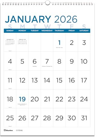 Blueline® 2026 Monthly Wall Calendar, Large Print, 12 Months, January to December, Twin-Wire Binding, 12 x 17 (C173106-26)