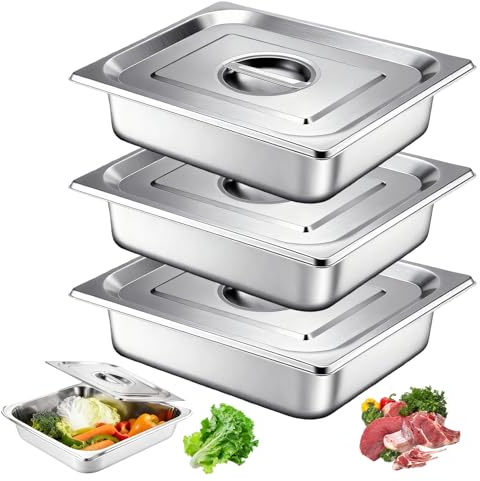Bordeag - Juego de 3 cuencos para empanar GN 1/2, bandeja de acero inoxidable, horno rectangular, bandeja gastro inoxidable con tapa, plato inoxidable para barbacoa para chuletas, carne, pescado, 32,5