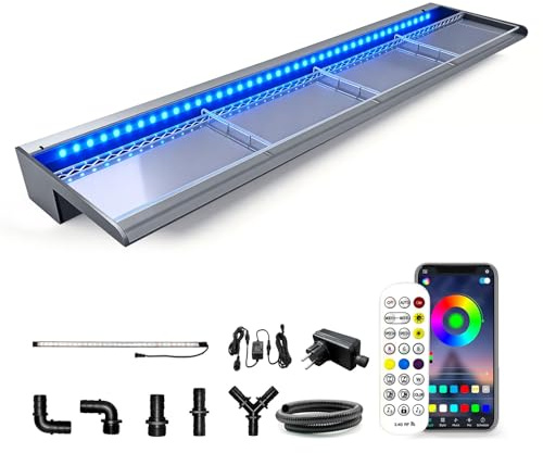 LONGRUN 90cm Teich-Wasserfall aus Acryl mit RGB LED-Leiste & Bluetooth-App-Steuerung, Garten-Wasserfall für Teich, Pool und Schwimmbad