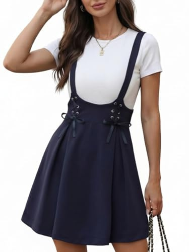 YOINS High Waist Suspender Short Skirts 90s Overall Outfits Skater A-Line Mini Braces Shoulder Straps Skirt for Women Blue X-Large