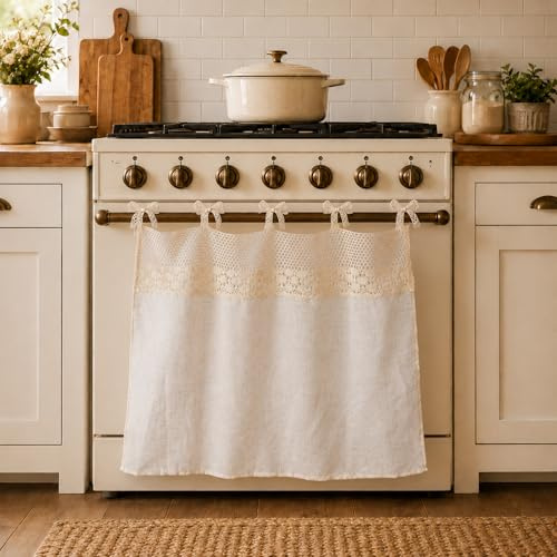HonorHut Lace Oven Skirt Tie Back Beige Semi-Transparent Curtains | Bistro Cafe Curtain for Bathroom Kitchen Cafe Sink Oven Boho Farmhouse Decor