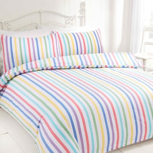Rapport Home Candy Stripe Double Duvet Cover Set | 100% Cotton, Multicolour Striped Pattern, Easy Care Bedding, For Kids & Adults