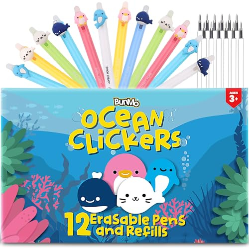 BUNMO 12 Cute Erasable Gel Pens with 12 Black Ink Refills - Multicolor Animal Pens for Kids - Make Mistakes Disappears, Fine Point for School and Journaling