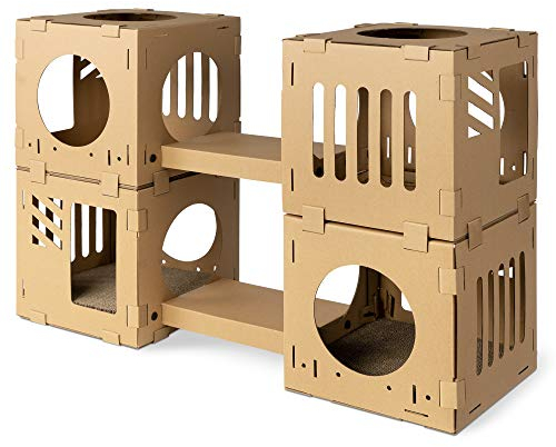 Navaris Katzentunnel aus Karton mit Kratzboards - 4tlg. Katzenhaus aus Pappe zum Zusammenstecken - Papphaus für Katzen - Katzenhöhle Haus Kartonhaus