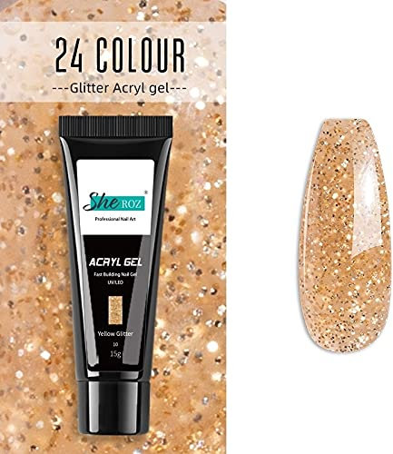 Builder Gel Jelly Crystal Nail Art Glue Quick Extension ACRYL GEL 24 Colours - (10 - Yellow Glitter)