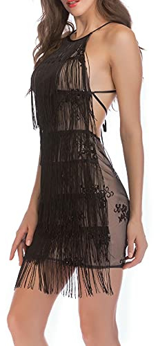 HAHAEMMA Damklänning, halterneck, tofs, 1920-talet, fransklänning, med hållare, Great Gatsby, Cocktail-party, flapper, klänningar, karneval, fransar, dam, kostym, klänning, svart, M