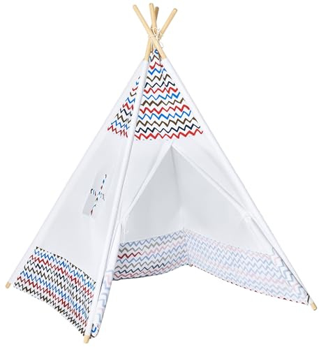 HOMCOM Tienda de Campaña para Niños de +3 Años Tipi Infantil de Madera Portátil con Ventana para Interiores y Exteriores 120x120x155 cm Blanco