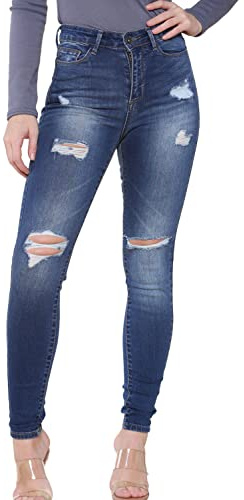 989Zé ENZO EZL417 Womens Jeans Skinny Stretch Ripped Trousers Ladies Denim Slim Fit Pants with Rips Waist Sizes UK 8-20 (14, Blue)