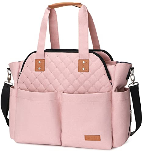 Lekebaby Sac a Langer Bebe avec Bandoulière Sac Maternité Grand Sac Bebe avec Matelas a Langer Portable Sacs à Langer pour Maman et Papa, Rose piqué