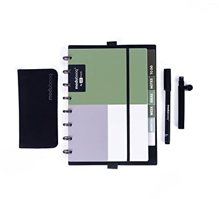 MODUBOOQ organizer, sage - Modular Wiederverwendbar Smart Notizbuch A5 - Notebook mit Tabs & Discbound System - 40 modulare Seiten mit duratech3 Technologie - Abwaschbar und schreibt wie Papier
