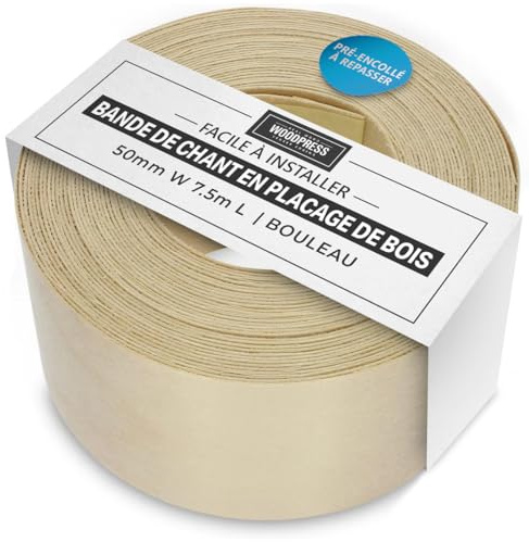WoodPress® 50 mm äkta björkkant – 7,5 m rulle – förlimmad träfanértejp för enkel gör-det-själv-applikation – täcker kanten på en standard MDF-panel