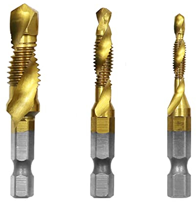 Robinet Combiné, 3 Pièces Combinaison Drill and Tap Bit Set HSS Hex Métrique Ebavurez Fraiser Bits Jeu de perçage métrique,tarauds filetés,filetage métrique avec revêtement en titane HSS M4 M8 M10