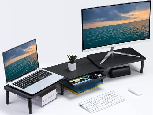 ETHU Dual Monitor Ständer, Höhenverstellbare Bildschirmerhöhung für 2 Monitore, Verstellbarer Monitor Stand mit Schublade & Telefonhalter, Monitorerhöhung Längen- & Winkelverstellung