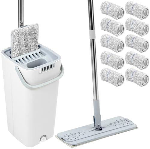 QWORK® Juego de fregona Plana y Cubos, Sistema de Limpieza Multifuncional de Dos cámaras, con 10 Almohadillas de Microfibra y Mango de 120 cm