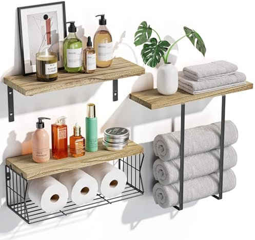 Wandregal 3+2 Stück, Regal Wand zur Aufbewahrung, Schweberegal über der Toilette, Wandregal Holz und Metall, Regalbrett mit Handtuchablage, Wandboard für Badezimmer, Wohnzimmer, Schlafzimmer, Küche