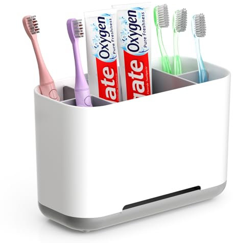 GlasFlength Porta Spazzolino Dentifricio, Organizer Portaspazzolino Elettrico da Bagno Spazzolino da Denti Staccabile Stand con Fondo Antiscivolo 2 Scomparti Regolabile per Il Bagno (Grigio)