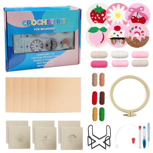 6 piezas Punch Needle Set para posavasos – Juego de bordado DIY para principiantes, niños y adultos con hilo, marco de bordado, instrucciones y soporte – Manualidades creativas para el hogar y