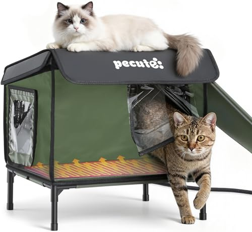 Pecute Cuccia Gatto Esterno con Tappetino Riscaldante per Gatti, Protezione Dal Freddo Casetta Gatto Randagi Esterno Impermeabile, Porta di Fuga Sicura, Robusto, Facile da Installare, Spazio Espande