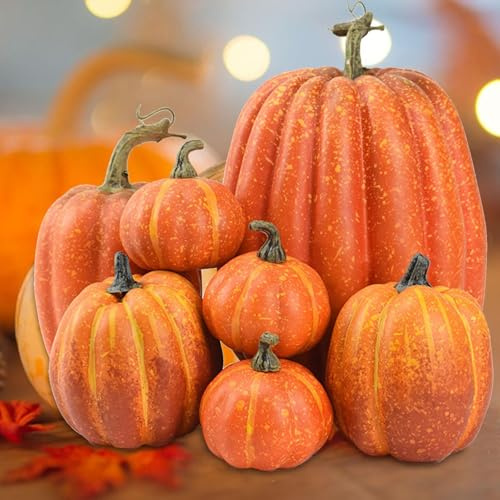 Qidures 7Pcs Large Artificial Pumpkins, Assorted Sizes Foam Faux Pumpkins | Artificial Pumpkin Decoration, Creative HomeTable Decoration Props For Thanksgiving Fall Harvest Halloween Christmas