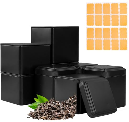 Trukafie Barattoli da tè per tè sfuso, 8 pezzi, in metallo, colore nero, ermetici, con 20 etichette per chicchi di caffè, spezie, ideali anche come contenitore per riso, farina o biscotti