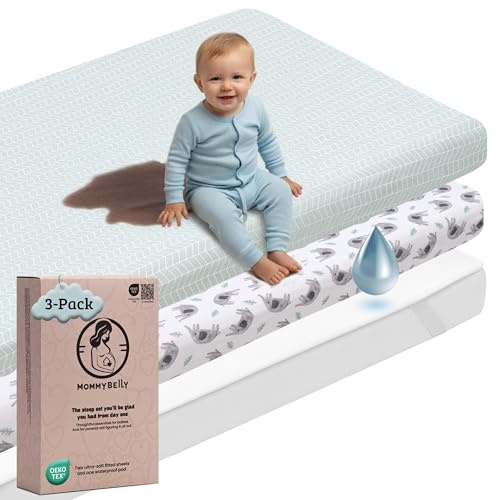 Mommybelly Barnvagnslakan Set 35x75. 2 Lakan med Resår i Bomullsjersey + 1 Vattentätt Madrasskydd i Frotté för Babylift, Babykorg, Vagga. OekoTex-certifierad. Elefanter 75x35