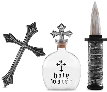 My Other Me - Set Mata-Vampiros gris de decoración con cruz, botella de agua bendita y cuchillo medidas 25,5 x 30 cm. Añade un aire siniestro a tu colección temática