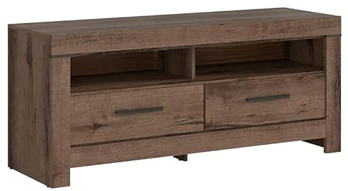 PEGANE Meuble TV avec 2 tiroirs et Une étagère, Coloris Chêne Marron foncé- Longueur 140 x Profondeur 45 x Hauteur 61 cm