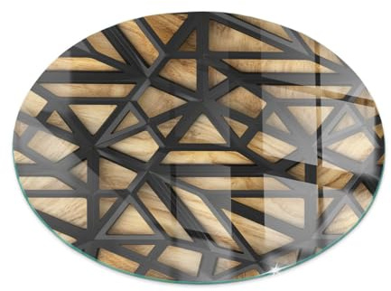 Eldstad golvskydd glas tryck | kaminplatta dekorativ | härdat värmebeständig panel | gnistskydd braskamin | stilrent hem - fi80cm - hjul - Geometri med trä