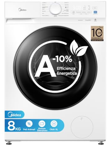 Midea Lavatrice 8 kg Classe A-10% 1400 Giri Silent Inverter Motor | Vapore Igienizzante, Rimozione Peli Animali, Programma Sport e Motore Silenzioso per Case con Animali MFV3EW80BA10