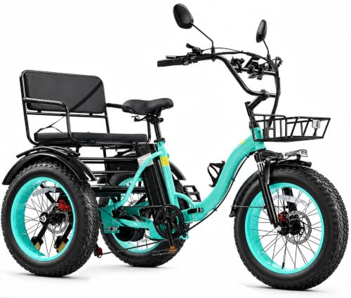 NOMIGO Two-Seater Electric Tricycle for Adults, 48V 15.6Ah Battery, Folding 3-Wheel Ebike with Passenger Seat, 20 x 4.0 Fat Tyres, Rear Differential, Steel Frame Green