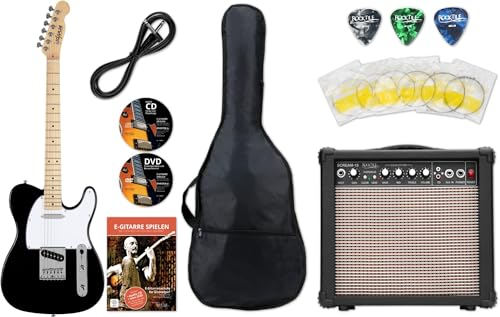 Shaman Element Series TCX-100B Starter Set (Hochwertige E-Gitarre im TL Style mit 2 Single Coil Pickups & Cutaway inkl. 15W Gitarren Amp & 5 teiligem Zubehörset für E-Gitarre) Schwarz