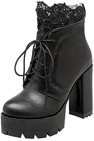 Birdsight Bottine Lacet Femmes Cheville Talon Haut Bloc Carrés Courtes Hiver Ankle avec Dentelle Chaussures Plateforme Bottes Shoes Verinis Winter Bootie Chunky Heels(Noir，38