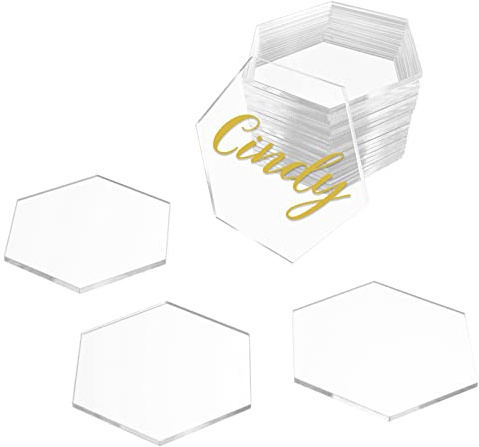 KAITELA Clear Acrylic Place Cards 1/8 Thick, 3.15 x 2.75 Small Hexagon Blank Acrylic Tiles, Escort Name Plate for Table Setting, Wedding, Dinner Party, Craft Projects, 20 Pcs