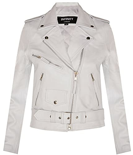 Infinity Leather Chaqueta para Damas de Cuero Blanco de Piel de Vaca Genuina Estilo Clásico Brando Motociclista L