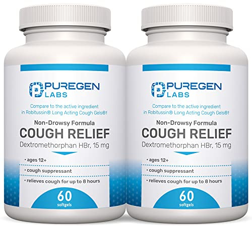 P Puregen Labs Cough Relief for Adults Dextromethorphan HBr 15mg (120 Softgels) 8-Hour, Non-Drowsy, Long-Lasting Bronchial Suppressant |Ages 12+ | Compare to Robafen and Robitussin 2Pack
