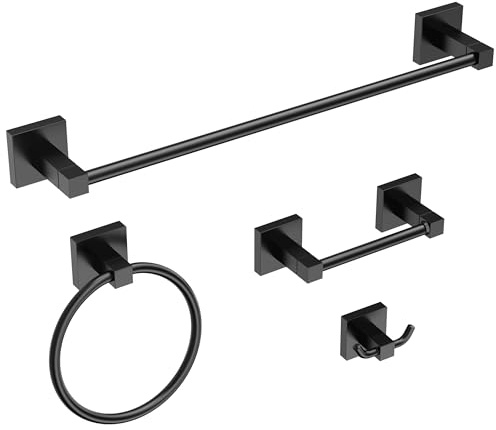 Ruacq Juego de 4 Piezas de Accesorios de baño, Acero Inoxidable Cuadrado Negro Mate y aleación de Zinc, Moderno Montaje en Pared, Barra de Toalla de 18 Pulgadas, Soporte de Papel higiénico, Anillo de