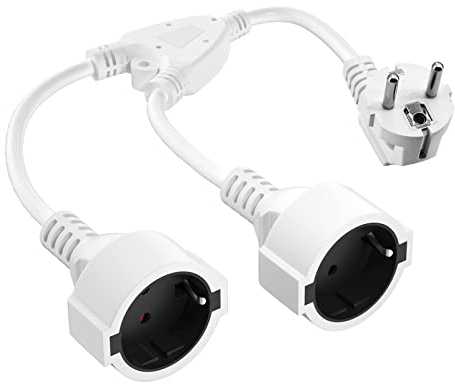 Rallonge de Contact de Protection, Câble de Ligne en Plastique AC-Schuko Y avec Prises à 2 Voies, Double Fiche Schuko IP20 pour la Maison, Le Bureau, L'extérieur, 3 x 1,5 mm², Jusqu'à 250V/16A, Blanc