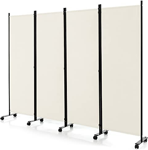 CASART Folding Room Dividers, 3/4 Panels Movable Protective Privacy Screens with Lockable Wheels, Steel Frame Portable Fabric Screen Room Partition for Home Office (4 Panels-224x30x172 cm, White)