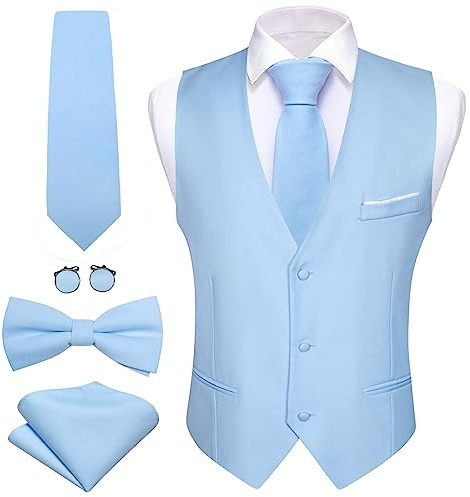 Barry.Wang Chaleco de Traje Formal para Hombre de Negocios Ajustado Casual Color Sólido Chaleco Corbata Pajarita Conjunto para Boda y Fiesta, azul celeste, L