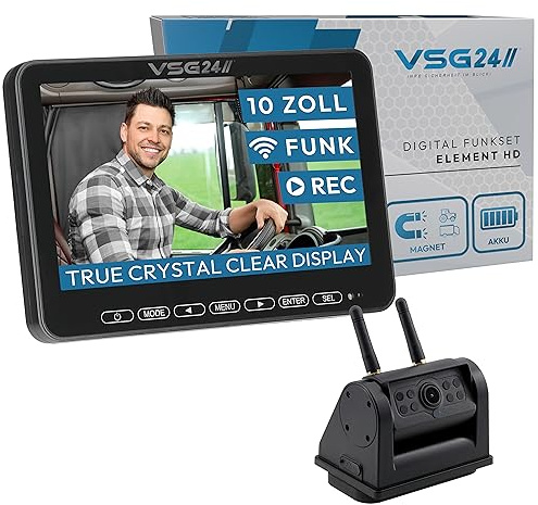 VSG24 10“ Element HD XL Funk Rückfahrsystem Akku Magnet für Wohnmobil & LKW, KFZ Set Rückfahrkamera kabellos + Monitor DIY Nachrüsten 12V-24V Kamera digital Auto Rückspiegel Pferdeanhänger Dashcam