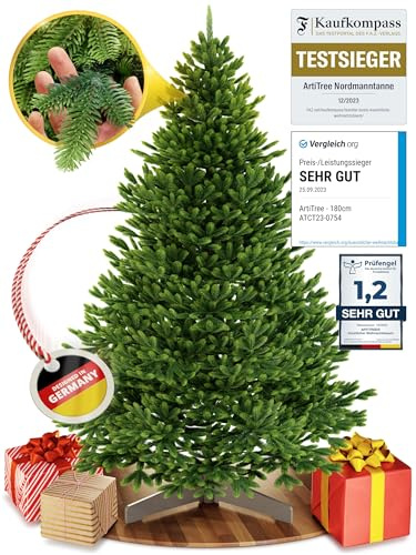 ArtiTree Künstlicher Weihnachtsbaum 180 cm – 100 % Spritzguss Nordfichte | Premium Tannenbaum naturgetreu inkl. FSC-Holzständer & Aufbewahrungstasche