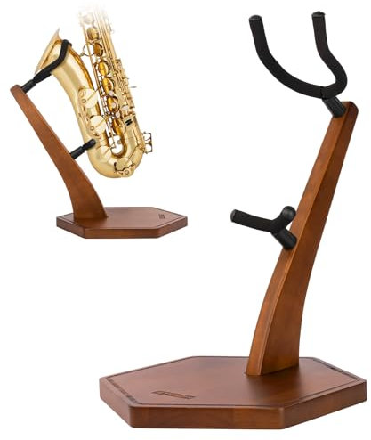 STRICH Holz-Saxophonständer für Alt-/Tenorsaxophon, Handgefertigter Massivholz-Bodenständer in Walnussfarbe Mit Schwerem, Beschwertem Sockel (FH-4, Sax)