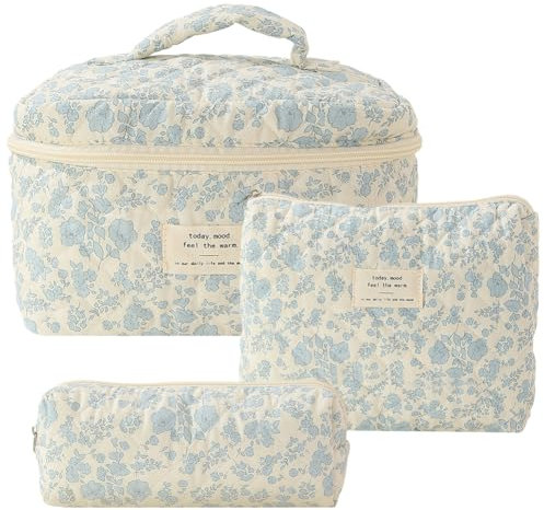 Ensemble de Trousse de Toilette de Voyage 3 pcs pour Femmes, Trousse à Cosmétiques Matelassée à Fermeture éclair, Sac de Rangement Cosmétiques Pratique (Orchidée sur Fond Blanc)